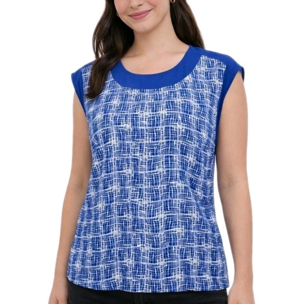 HALOGEN Size Small Japanese Grid Print Round Neck Cap Sleeve Chiffon Work Blouse